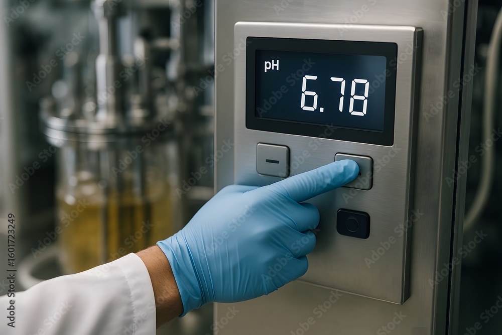 Poster close-up of a gloved hand pressing a button on a digital ph meter in a laboratory