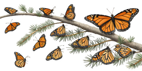 Vibrant monarch butterflies alight on evergreen branches, creating a stunning display of nature's beauty and renewal on transparent background, Png