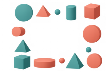 Geometric 3d shapes in teal and coral—spheres, cubes, cylinders, pyramids, cones—hovering against transparent backdrop, enhancing modern graphic compositions