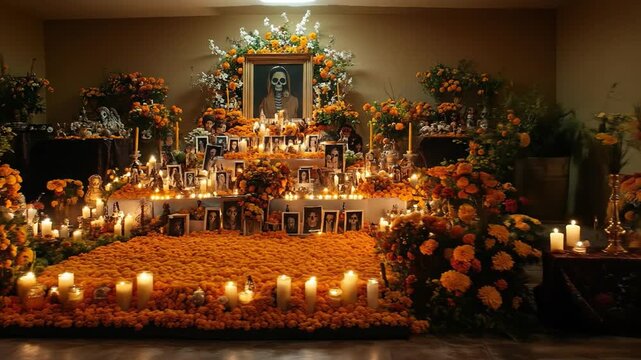 Dia de Muertos altar with marigolds and candles