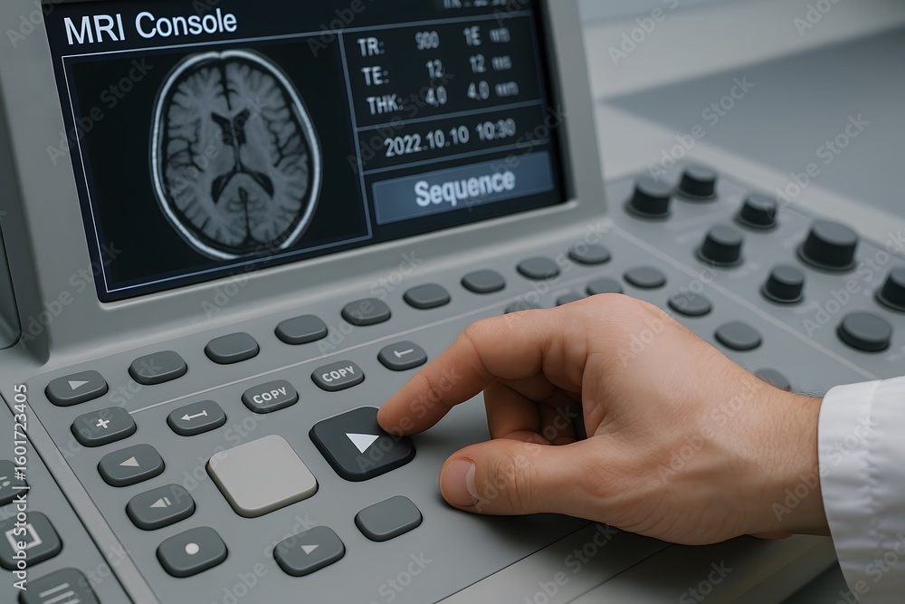 Poster an image of mri console and a finger pressing the sequence button
