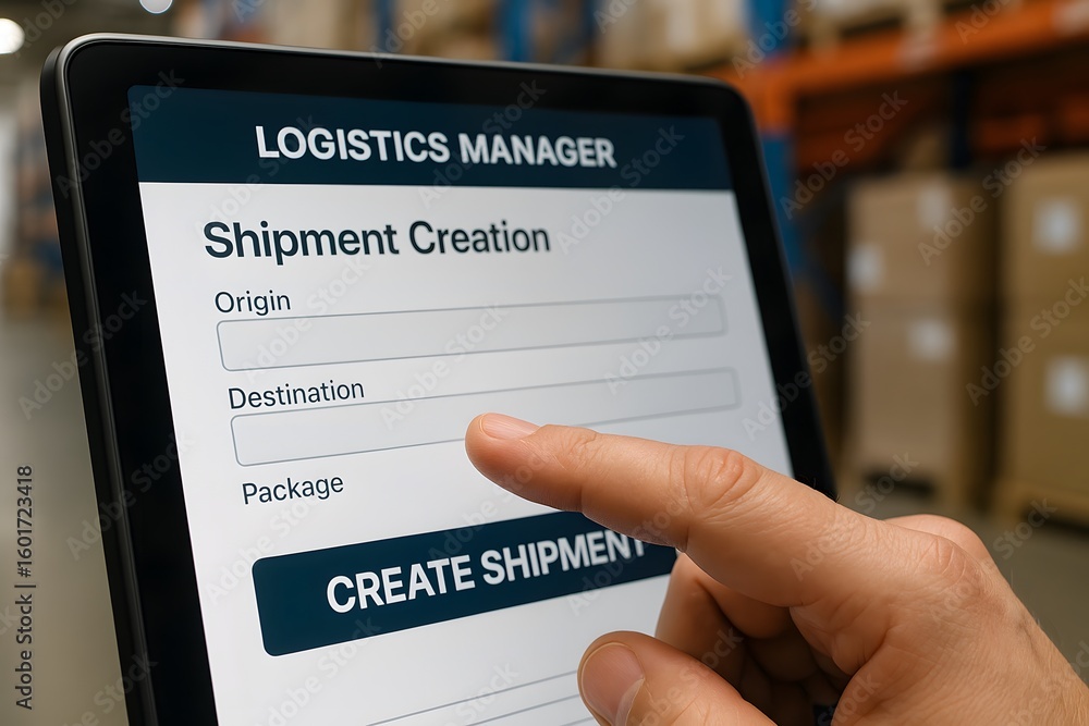 Poster close-up of a hand using a tablet with logistics software interface in a warehouse setting