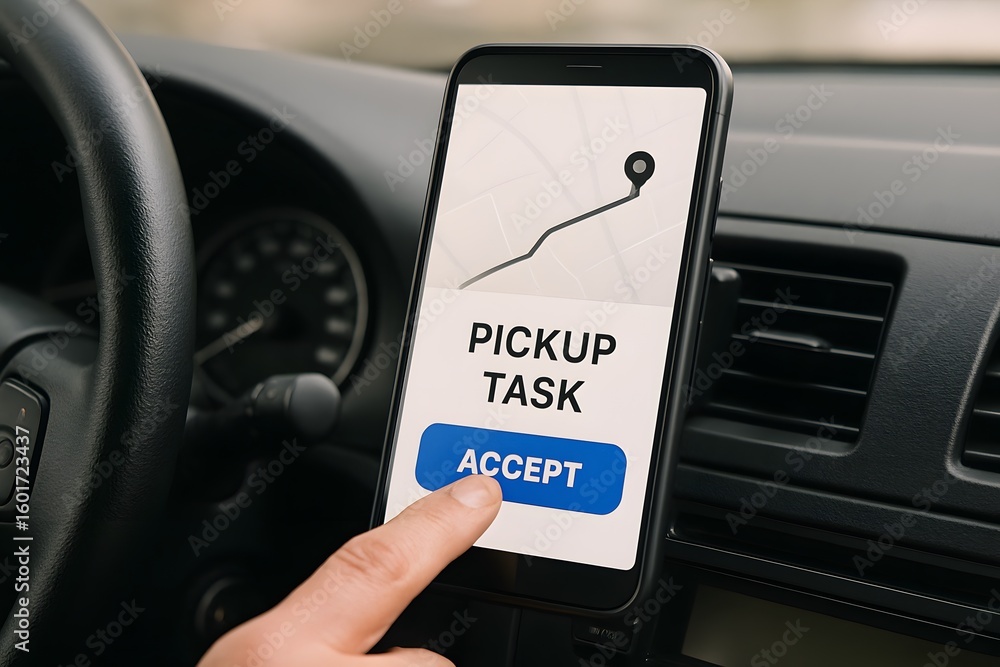 Poster a person's finger presses the accept button on a phone screen inside a car, ready to accept a pickup