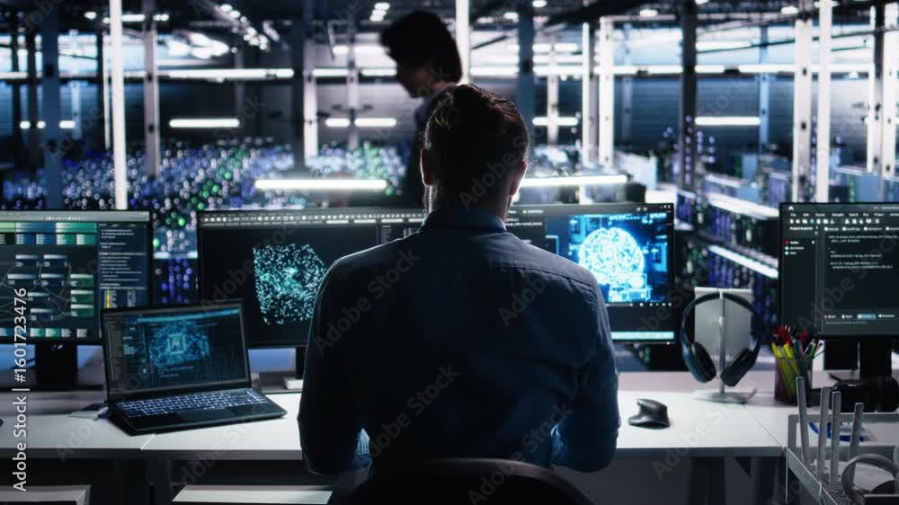 Poster server room technician stretching sore back while using ai at desk. fatigued it expert in data cente