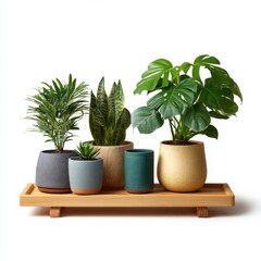 Obraz premium Assortment of Potted Houseplants on Wooden Tray potted plants
