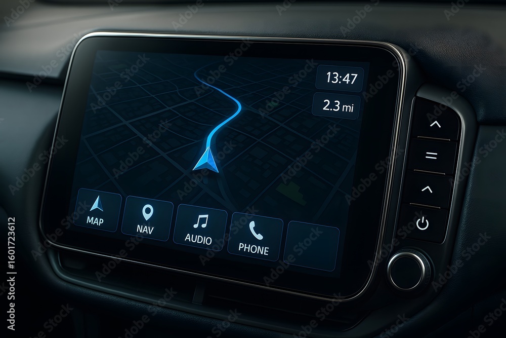Poster car dashboard featuring a navigation system displaying a route on its screen