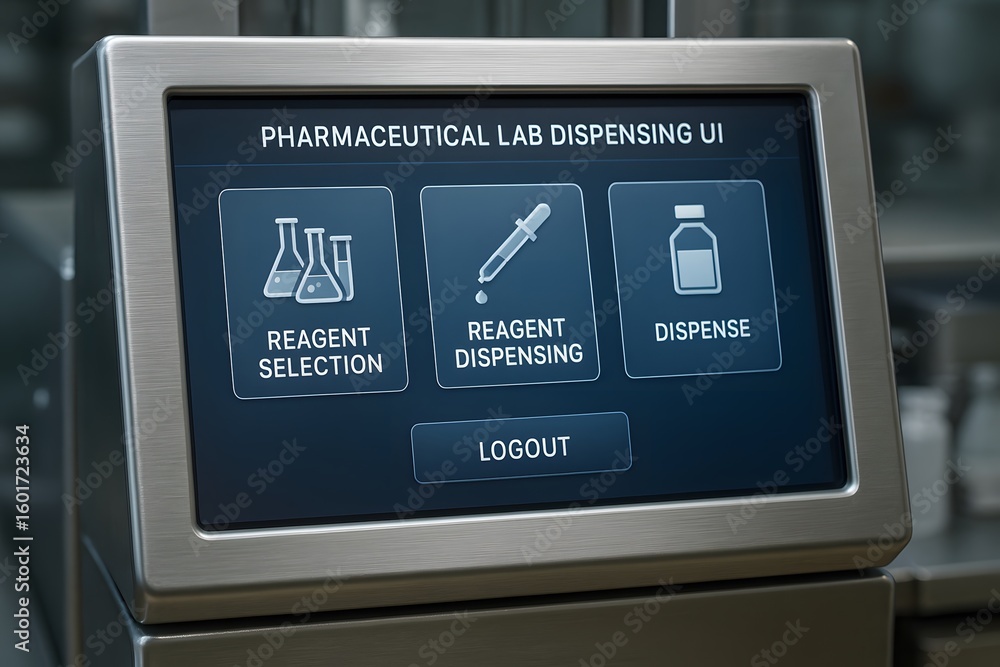 Poster a close-up view of a pharmaceutical lab dispensing ui screen displaying options