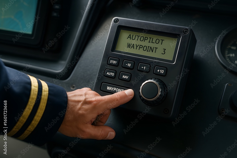 Poster a close-up of a hand interacting with the autopilot control panel of a vessel. the display shows aut