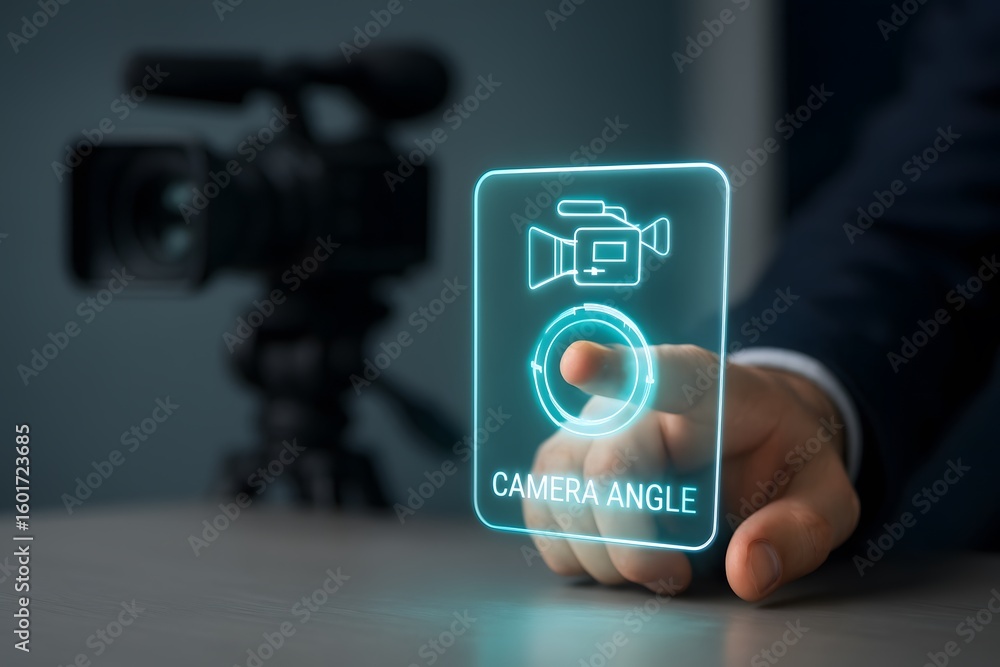 Poster a hand interacting with a holographic camera control interface, featuring a camera in the background