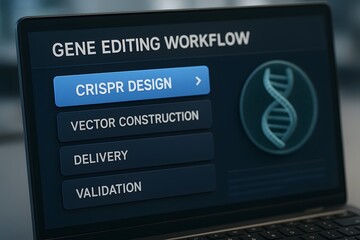 A close-up of a laptop screen displaying a gene editing workflow with the CRISPR design option highlighted, indicating progress in genetic research.