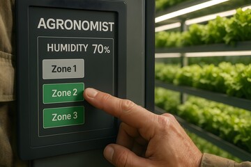 Hands selecting Zone 2 on control panel with agronomist displayed. The scene showcases a futuristic indoor farm with lush greenery