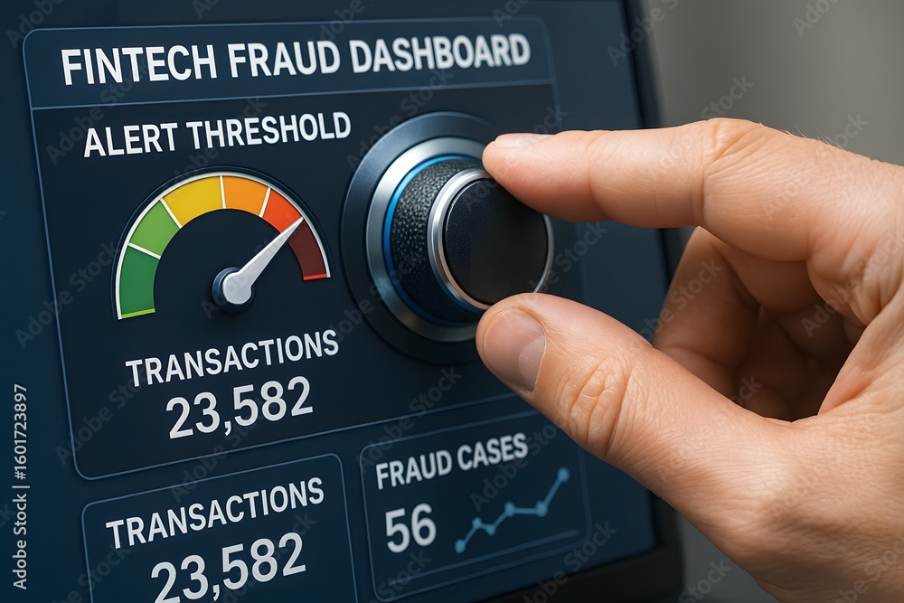 Poster hand adjusting fintech fraud dashboard with alert threshold on the monitor