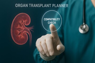 A medical professional interacting with a digital interface, showcasing organ transplant planning with compatibility check