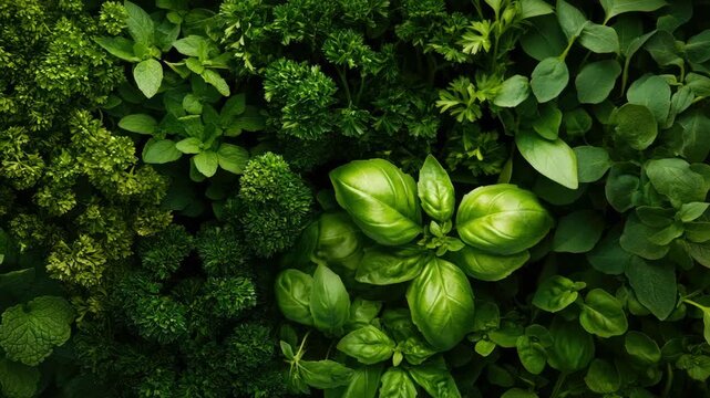 A variety of green vegetables, including basil and broccoli, all in closeup view. These fresh herbs are part of a healthy diet and can be used for cooking or as ingredients.