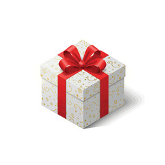 Square Gift Box with Red Bow Gold Patterned Isometric View Holiday Present