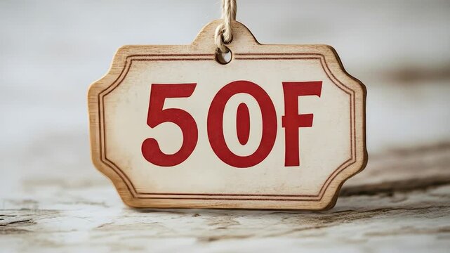 Wooden tag with 50F in red hanging by twine
