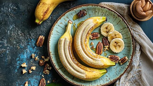 Honey-glazed bananas with pecans on a plate