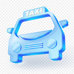3D vector illustration of a stylized, futuristic blue glass taxi icon or ride-sharing vehicle icon, isolated on a transparent background. Ideal for modern apps, websites, transport concepts.