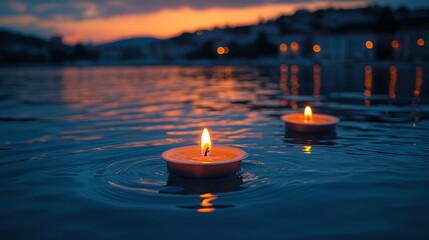 Two floating candles on rippled water at sunset.