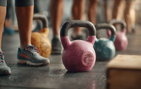 Athletes preparing for a kettlebell workout, vibrant weights arranged on the gym floor, exuding energy and determination for fitness training