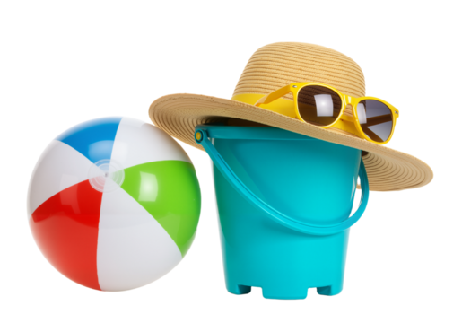 Beach Day Essentials: A sun-kissed scene showcasing a beach ball, straw hat, sunglasses, and a blue bucket, invoking the carefree spirit of summertime and a day of sun-soaked leisure.