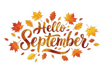 Autumn hello September greeting with fall leaves