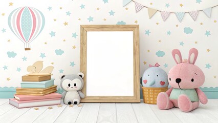 Nursery-themed mockup with framed print, soft toys, and vintage books?perfect for kids? visuals