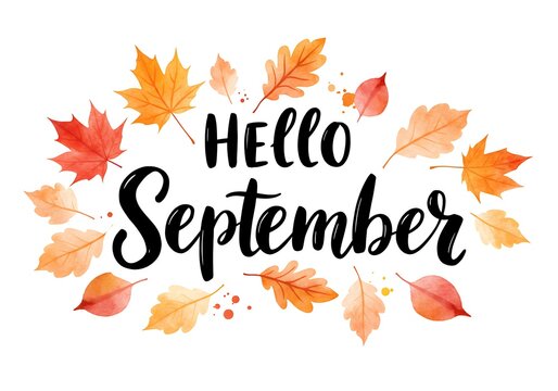 Handwritten hello September greeting with autumn decor