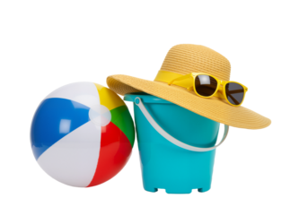 Summer Beach Essentials: A vibrant beach ball and a bright blue bucket are set beside a fashionable sunhat and a pair of sunglasses, hinting at days of fun in the sun.