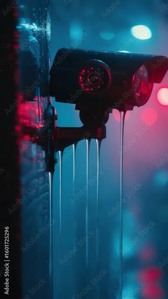 Aufkleber a rainy night scene with a security camera and red light reflections creating an atmospheric effect.