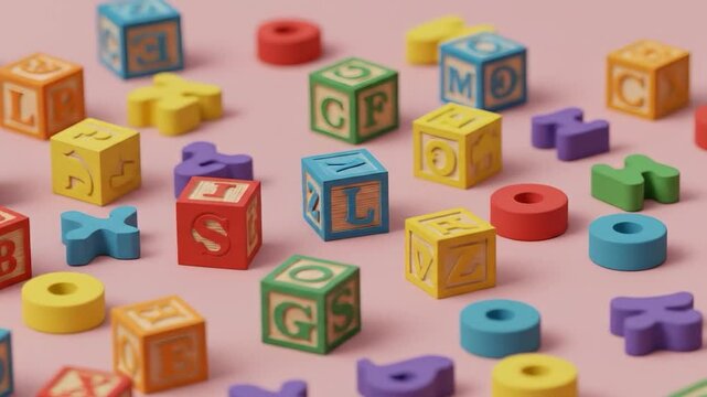 Colorful alphabet blocks scattered on pink surface; background blur; educational toy