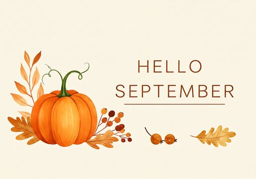 Hello September fall greeting with pumpkins