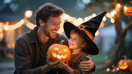 A Halloween scene featuring a joyful father and his adorable child. Halloween, Halloween Costumes, Halloween Background, Happy Halloween