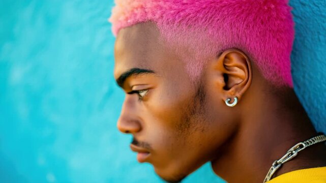 Cool-looking male with purple hair and modern style wearing gold chains.