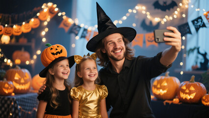 Obraz premium A joyful family of four celebrating Halloween, captured in a warm and festive selfie. Halloween, Halloween Costumes, Halloween Background, Happy Halloween