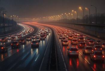 Heavy nighttime traffic congestion on a wet multi lane urban highway with illuminated streetlights