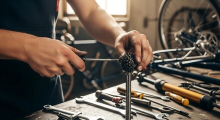 A mechanic's hands are meticulously working on a bicycle component with tools laid out on a workbench, suggesting repair or maintenance in a workshop.