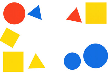 Red, yellow, and blue geometric shapes including circles, squares, and triangles are arranged on a transparent background, creating a colorful frame