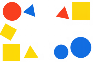 Red, yellow, and blue geometric shapes including circles, squares, and triangles are arranged on a transparent background, creating a colorful frame