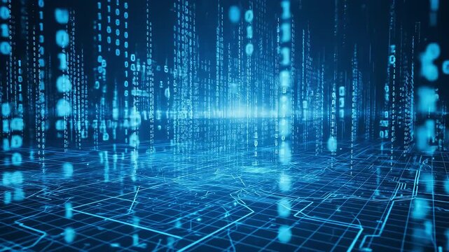 Abstract Digital Data Stream with Binary Code Flowing in Blue Tones