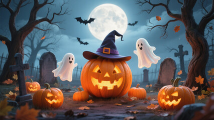 A large, carved jack-o'-lantern with a mischievous grin sits at the center, wearing a witch's hat and surrounded by glowing orange pumpkins. Halloween, Halloween Costumes, Halloween Background