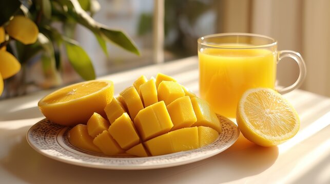 Sunlit still life of cut mango, lemon, and orange juice, symbolizing freshness and natural vitality. Minimalist warm-toned composition for healthy beverage ads, recipe blogs, or social media content