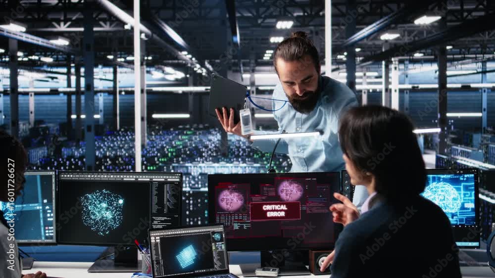 Fototapete system administrators in data center struggle with computer bugs while using ai. frustrated server f