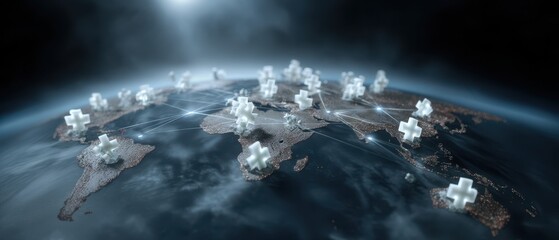 Global health network: medical symbols connecting worldwide for healthcare solutions