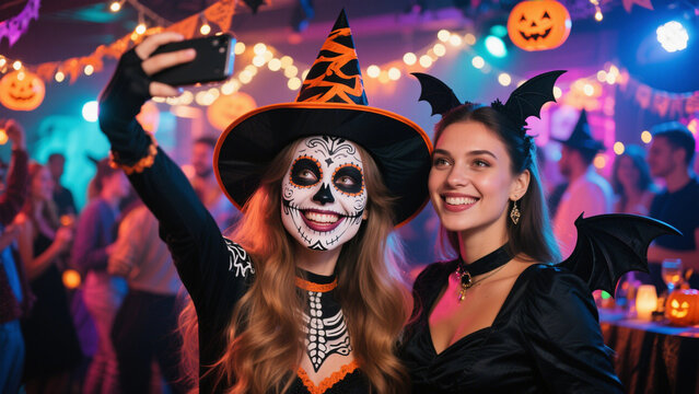A lively Halloween party scene featuring two friends taking a selfie in a vibrant, festive setting. Halloween, Halloween Costumes, Halloween Background, Happy Halloween