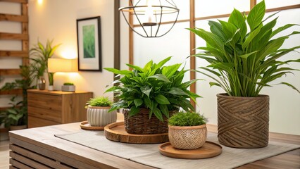 Fototapeta premium Warm indoor scene with green plants and wood texture for natural lifestyle visuals