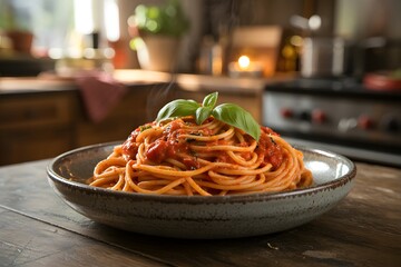 Steaming plate of spaghetti with tomato sauce and basil garnish pasta food