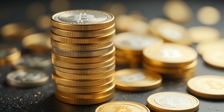 stack of shiny golden digital coins representing virtual currency investment and wealth accumulation