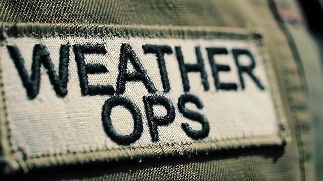 Weather Ops Embroidered Patch on Khaki Uniform Close Up Macro Shot