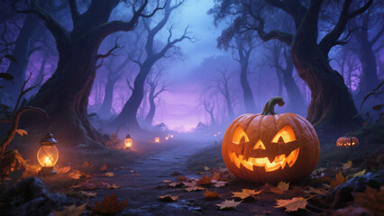 A mystical Halloween forest at twilight, with a hauntingly serene atmosphere. Halloween, Halloween Costumes, Halloween Background, Happy Halloween